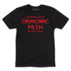 A black t-shirt with bright red ink in centered horror movie font that reads "The birthplace of demonic filth Westfield, Indiana."