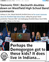 IndyStar headline about Lt. Gov. Micah Beckwith’s comments on a Westfield, Indiana high school band, showing him at a podium before students in black T-shirts with Club America signs and a cartoon speech bubble joking about the state.