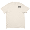 Off-white, garment-dyed heavyweight cotton t-shirt with a small RAYGUN EAST VILLAGE DES MOINES IOWA 50309 logo printed on the chest.