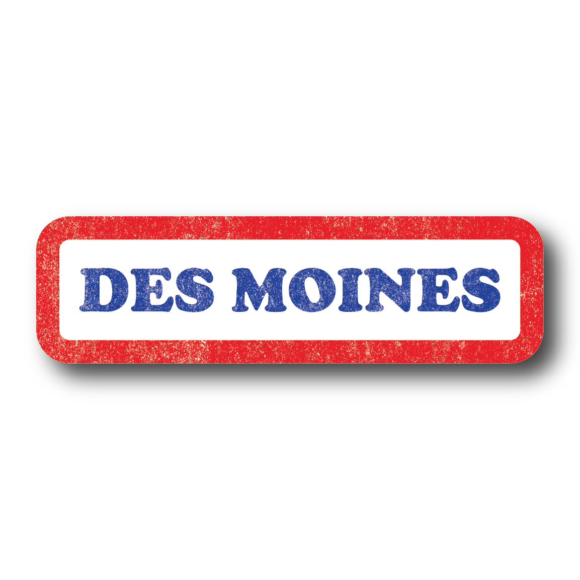 Vintage style sticker with faded print. It's a white rectangular sticker with a red border and centered blue text that says, "Des Moines" in all caps.