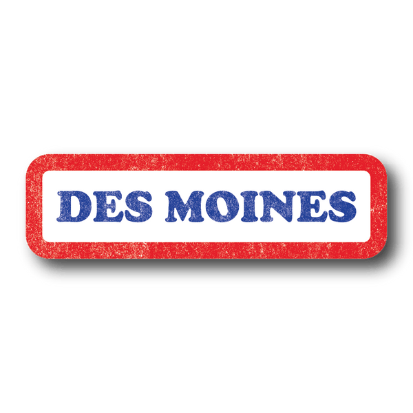 Vintage style sticker with faded print. It's a white rectangular sticker with a red border and centered blue text that says, 