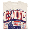 Off-white heavyweight cotton t-shirt with a graphic that reads The Moines Des Moines, featuring an illustration of the Travelers Insurance building and the text Let us exceed your already low expectations on this Des Moines t-shirt.