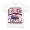 White RAYGUN t-shirt featuring a Des Moines graphic with the Travelers Insurance building and the slogans Let us exceed your low expectations and French for The Moines.
