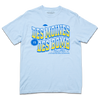 Comfort Colors heavyweight light blue t-shirt with bright gold and blue ink text that reads "Des Moines is Des Bomb. Let us exceed your already low expectations" with a small Des Moines skyline in the bottom right.