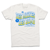 White t-shirt with bright gold and blue ink text that reads "Des Moines is Des Bomb. Let us exceed your already low expectations" with a small Des Moines skyline in the bottom right.