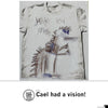 Dark Chrome Green t-shirt featuring a child’s drawing of a dinosaur wearing sunglasses, with the handwritten text Just do you man.