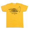 Short-sleeve, crewneck heather yellow t-shirt with a black print illustration of a mellophone and black text below that says, "DO IT FOR DEREK #DIFD"