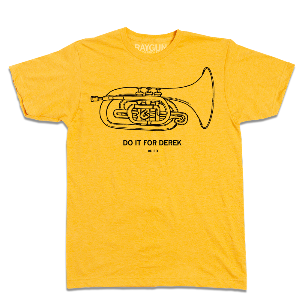 Short-sleeve, crewneck heather yellow t-shirt with a black print illustration of a mellophone and black text below that says, "DO IT FOR DEREK #DIFD"