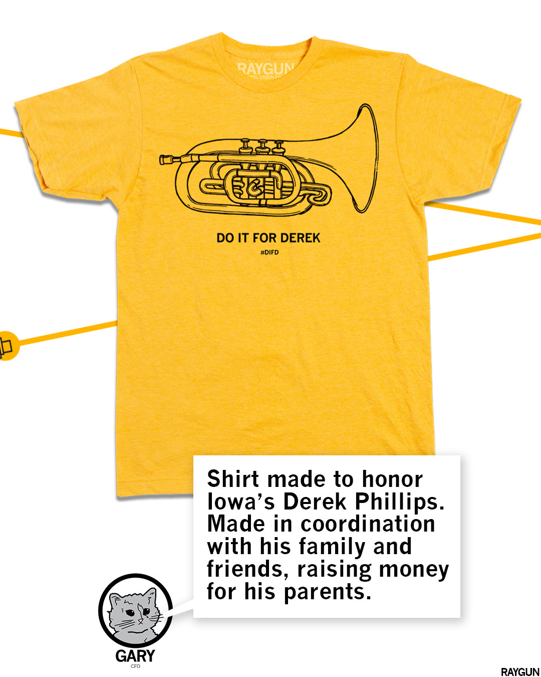 Promo image with the same shirt in yellow and Gary the Cat below saying "Shirt made to honor Iowa's Derek Phillips. Made in coordination with his family and friends, raising money for his parents."