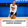 Nebraska volleyball player Harper Murray laughing and celebrating on the court in a heather red T-shirt, with text below reading APPROVED & LICENSED BY HARPER MURRAY!.
