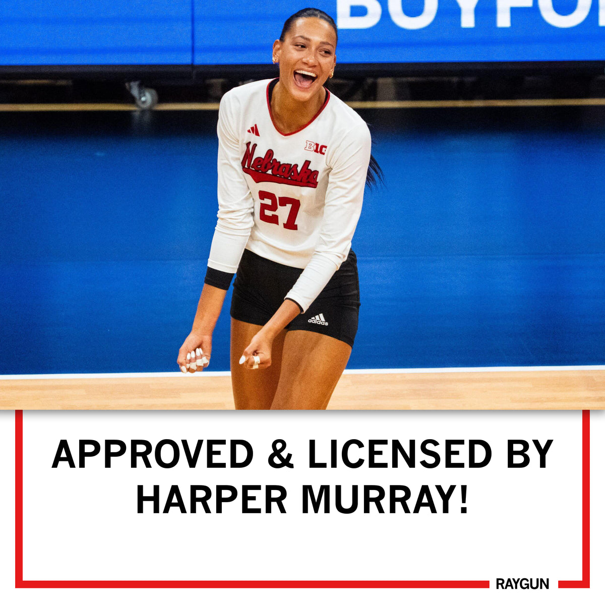 Nebraska volleyball player Harper Murray laughing and celebrating on the court in a heather red T-shirt, with text below reading APPROVED & LICENSED BY HARPER MURRAY!.