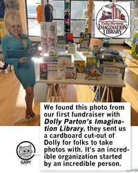 Promo image using an old photo inside a RAYGUN store with a cardboard cut-out of Dolly Parton next to a children's books display. At the bottom Gary is saying, "We found this photo from our first fundraiser with Dolly Parton's Imagination Library, they sent us a cardboard cut-out of Dolly for folks to take photos with. It's an incredible organization started by an incredible person.