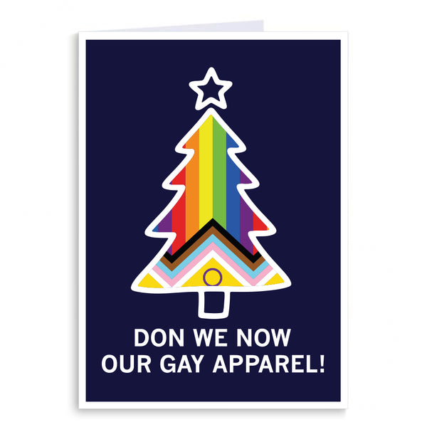 Navy blue holiday greeting card with a progress pride flag Christmas tree and text that reads 