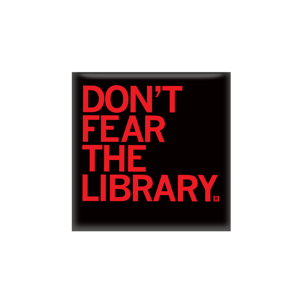 Black square magnet with left aligned red text that says, 