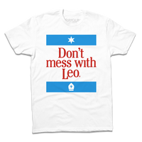 White t-shirt with blue and red ink lade out like a blend of the Texas and Chicago flag that says, "Don't mess with Pope Leo."