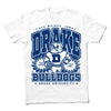 Royal blue t-shirt featuring a Drake University graphic with a bulldog mascot, the text Des Moines, Iowa, Hot Dogs, Est. 1881, and a union labor label.
