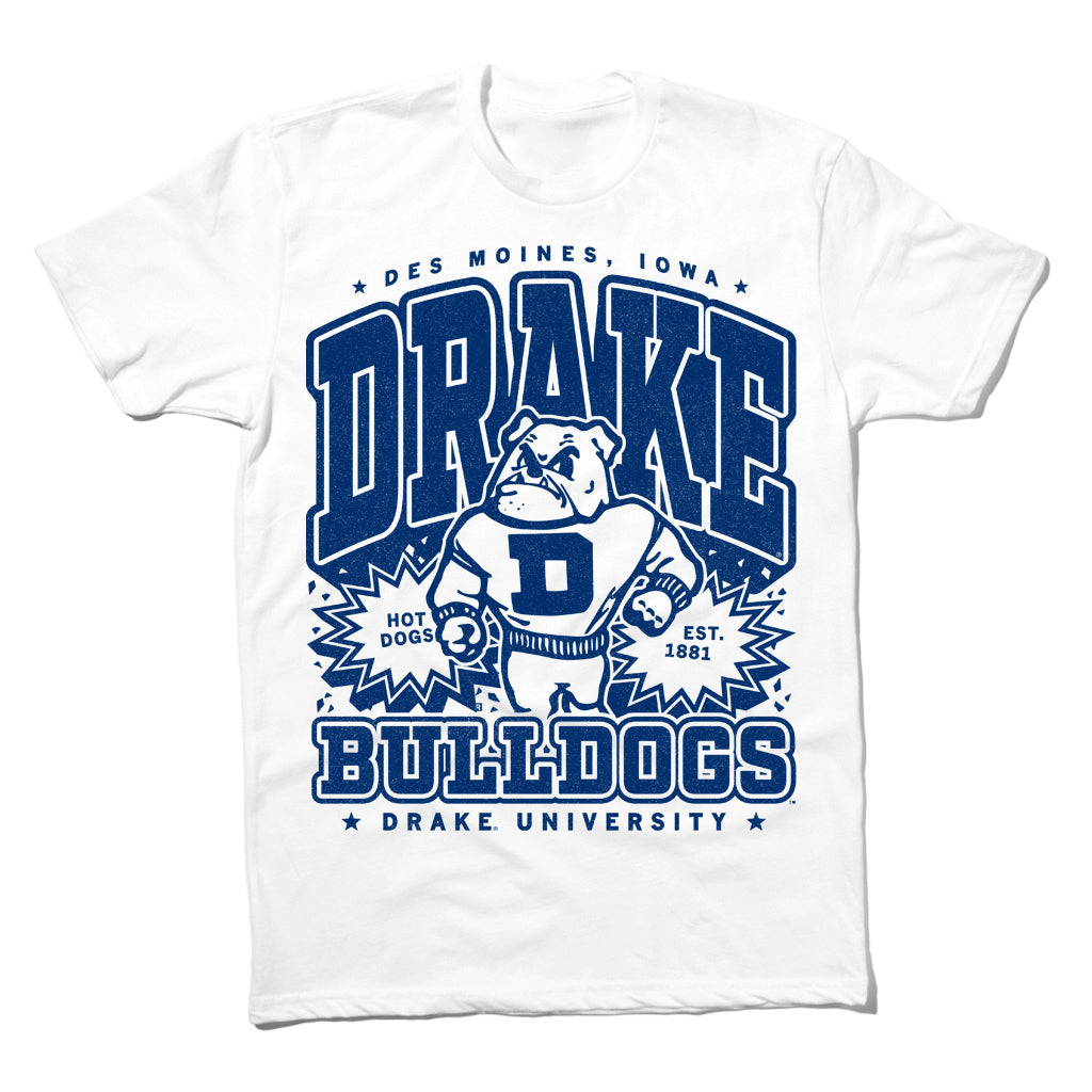 Royal blue t-shirt featuring a Drake University graphic with a bulldog mascot, the text Des Moines, Iowa, Hot Dogs, Est. 1881, and a union labor label.