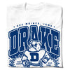 Royal blue t-shirt with a graphic that reads Des Moines, Iowa, Drake, Hot Dogs, and Est. 1881, featuring a bulldog mascot wearing a jersey with a D on it.