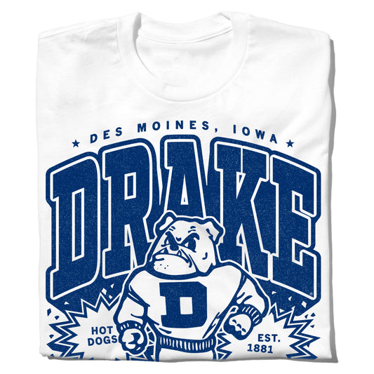Royal blue t-shirt with a graphic that reads Des Moines, Iowa, Drake, Hot Dogs, and Est. 1881, featuring a bulldog mascot wearing a jersey with a D on it.