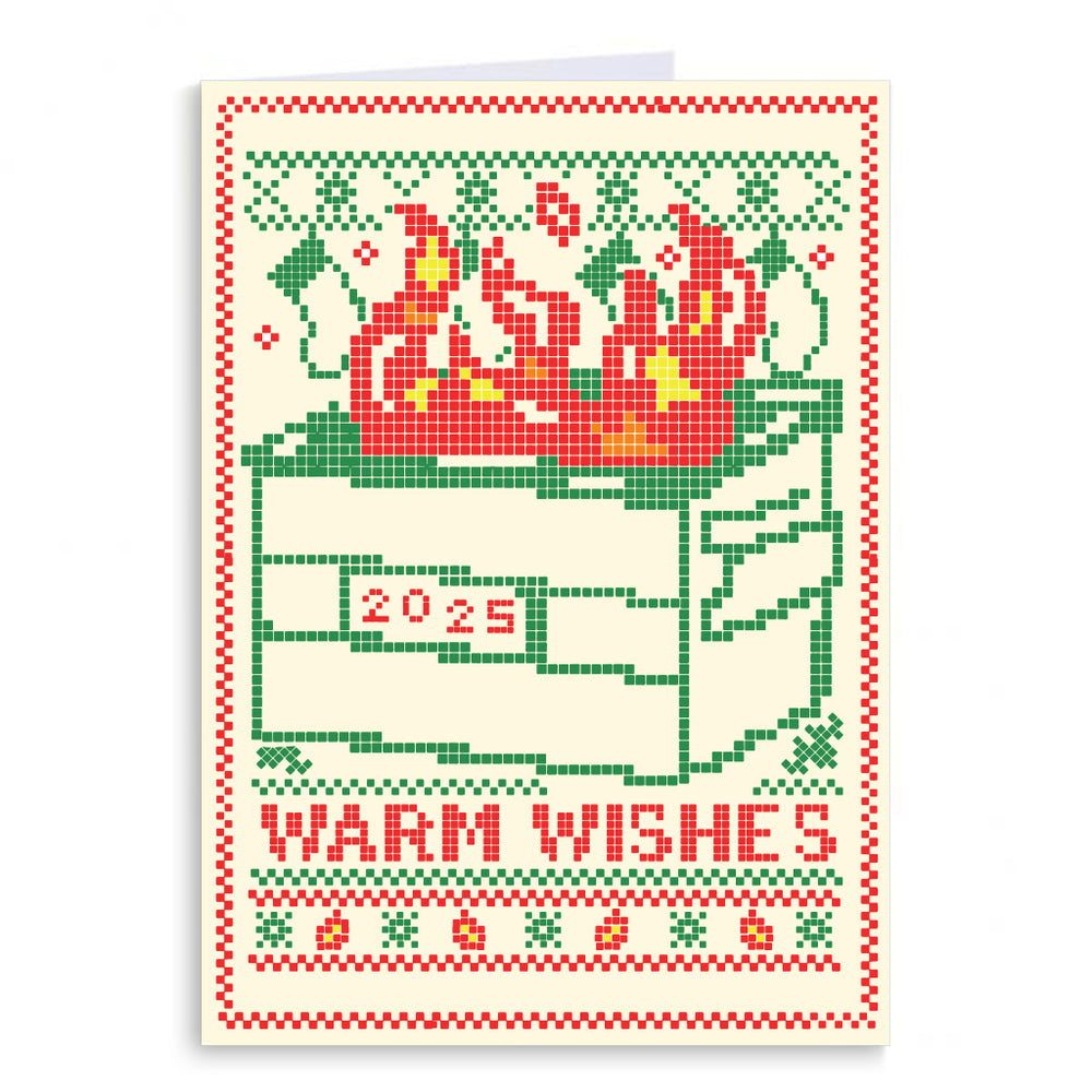 Holiday greeting card made to look like an ugly sweater with a dumpster fire that says 2025 above the text "Warm Wishes"