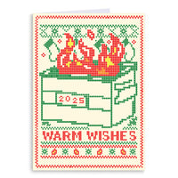 Holiday greeting card made to look like an ugly sweater with a dumpster fire that says 2025 above the text "Warm Wishes"