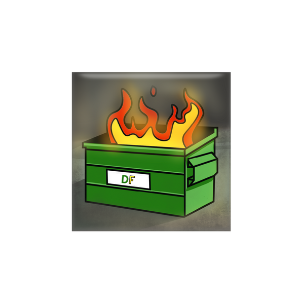 Square magnet depicting yellow and red fire emerging from a green dumpster.