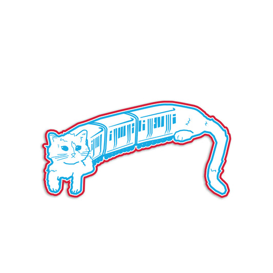 A Chicago C.A.T. train illustration featuring a cat head at the front and a long train body ending in a cat tail, rendered as a die-cut vinyl sticker with red and blue outlines.