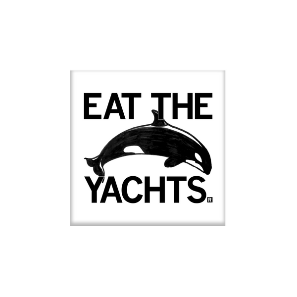 White square magnet with a black orca illustrated in the center. Black text above says, 