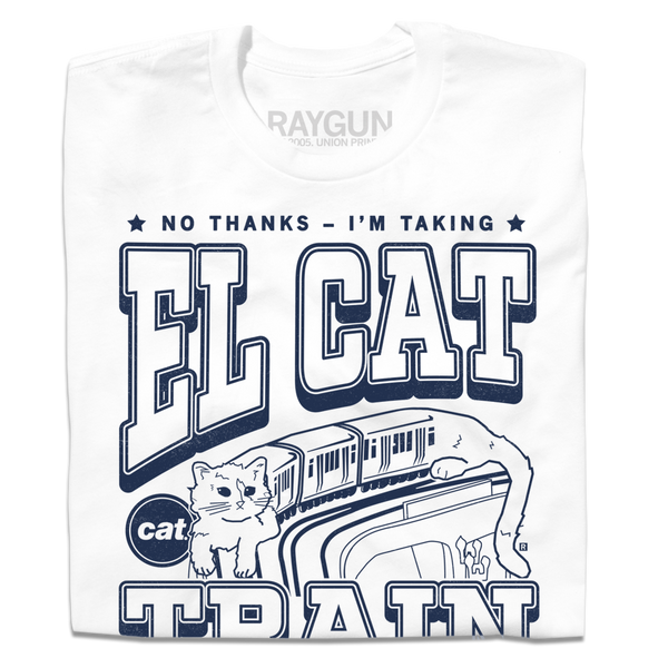 A folded white t-shirt with navy print depicts the L Train as being an actual cat. Text from top to bottom reads 
