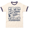 A cream colored ringer shirt with navy color and sleeve accents. Navy print depicts the L Train as being an actual cat. Text from top to bottom reads "No thanks. I'm taking El Cat Train. CAT Chicago Pawblic Transit."