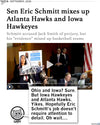 A promo image with the headline "Sen Eric Schmitt mixes up Atlanta Hawks and Iowa Hawkeyes. Schmitt accused Jack Smith of perjury, but his "evidence" mixed up basketball teams." In the center is a photo from the hearing when this happened and he mixed up cities. Gary The Cat comments below "Ohio and Iowa? Sure. But Iowa Hawkeyes and Atlanta Hawks. Yikes. Hopefully Eric Schmitt's job doesn't require attention to detail. Oh wait..."