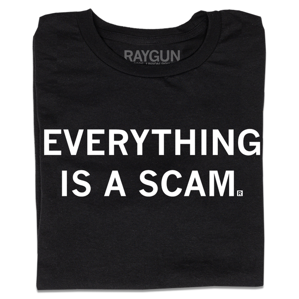 A folded black t-shirt with centered white ink text that says, 