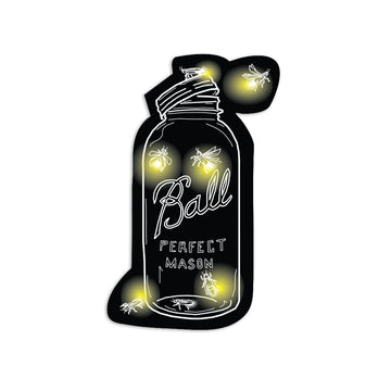 Line drawing of a Ball mason jar filled with glowing fireflies, available as a die-cut vinyl sticker.