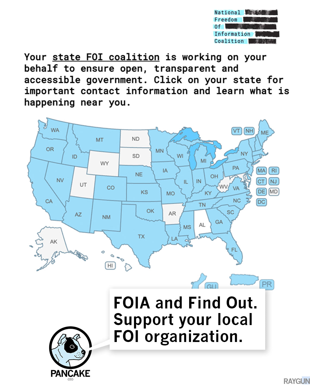 Promo image with a map of the US, highlighting states with FOI coalitions. Black text above the map says, 