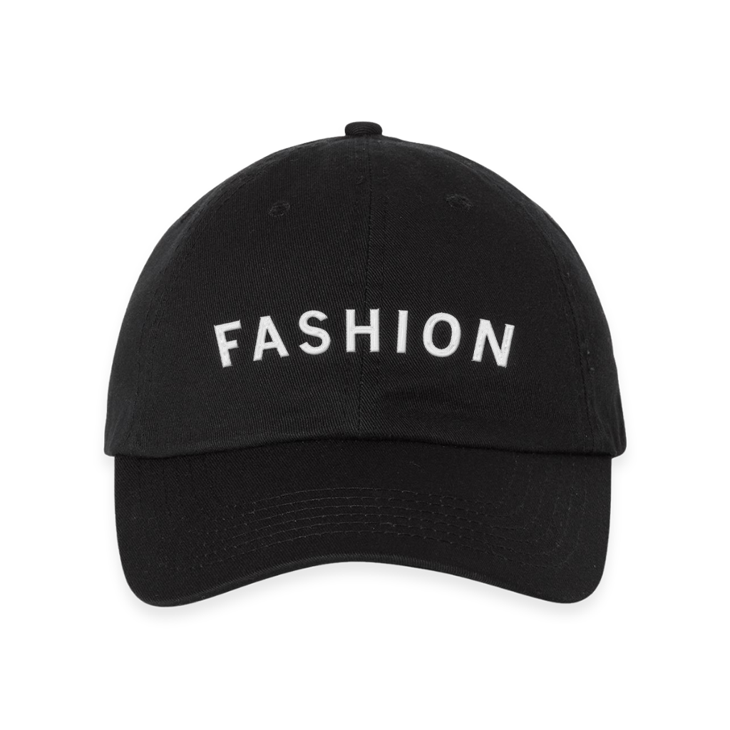 Black RAYGUN baseball cap with the word FASHION embroidered in white lettering on the front.