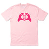 Light pink RAYGUN t-shirt featuring a dark pink graphic of two hands forming a heart shape with the number 22 in the center.