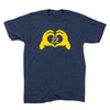 Dark blue RAYGUN t-shirt featuring a yellow graphic of hands forming a heart shape around the number 22.