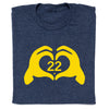 Navy blue RAYGUN t-shirt with a yellow graphic of two hands forming a heart shape around the number 22.