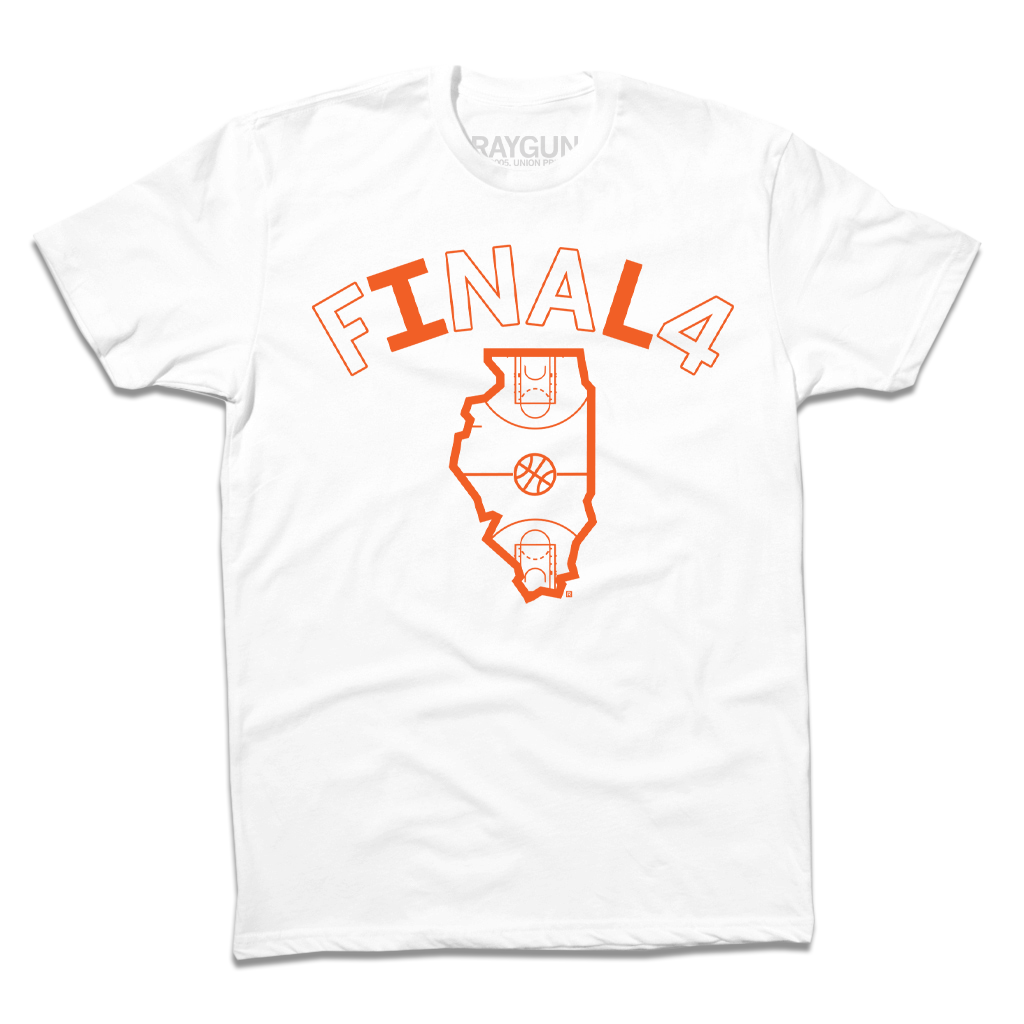 Made in the USA, this white t-shirt features the orange text FINAL 4 above an outline of the state of Illinois containing a basketball court graphic.