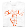 White, USA-made t-shirt with the orange text FINAL 4 above an outline of the state of Illinois containing a basketball court graphic.