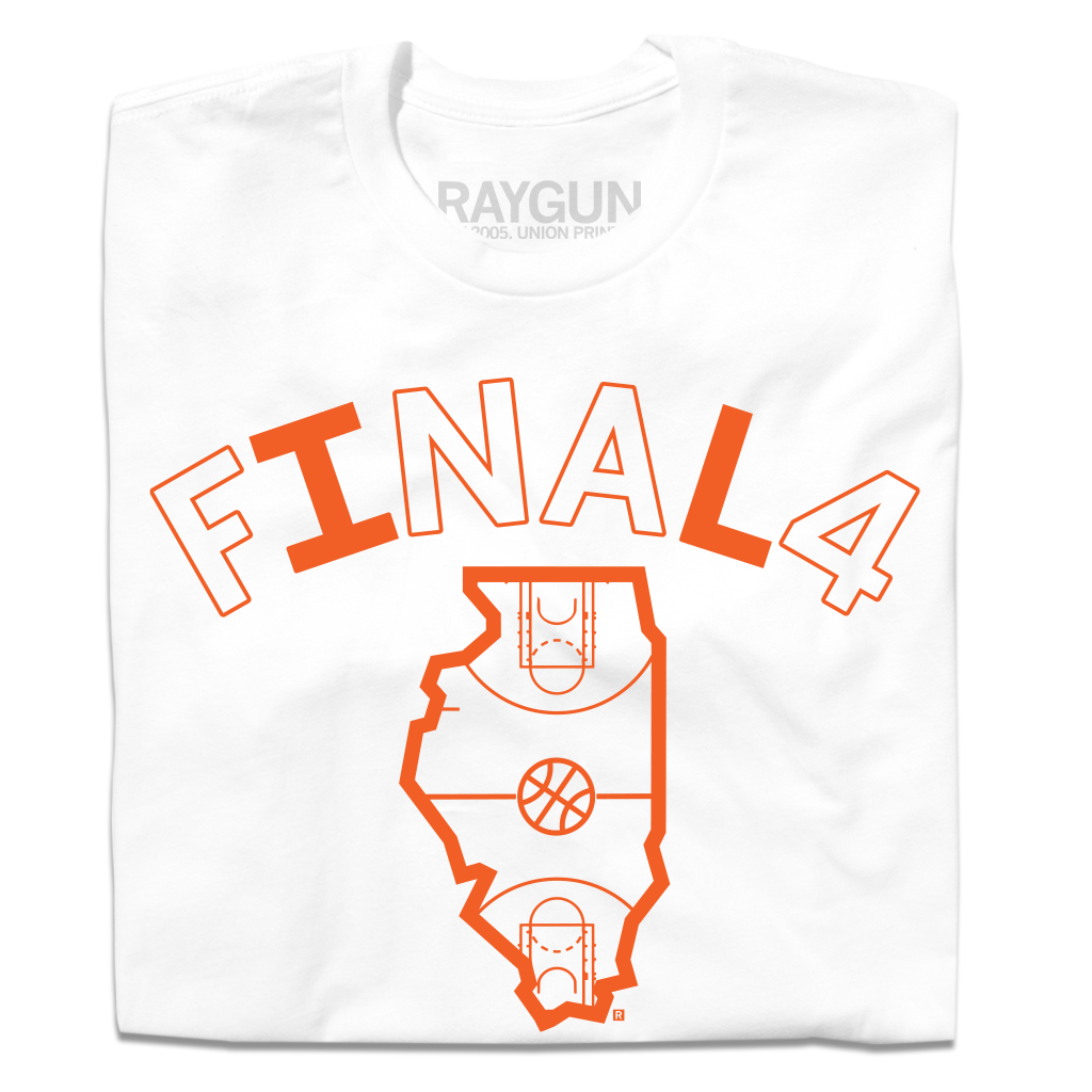 White, USA-made t-shirt with the orange text FINAL 4 above an outline of the state of Illinois containing a basketball court graphic.