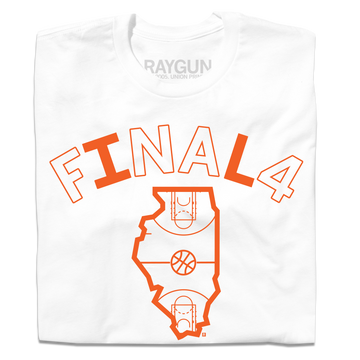 White, USA-made t-shirt with the orange text FINAL 4 above an outline of the state of Illinois containing a basketball court graphic.