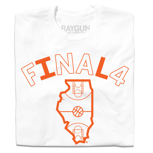 White, USA-made t-shirt with the orange text FINAL 4 above an outline of the state of Illinois containing a basketball court graphic.
