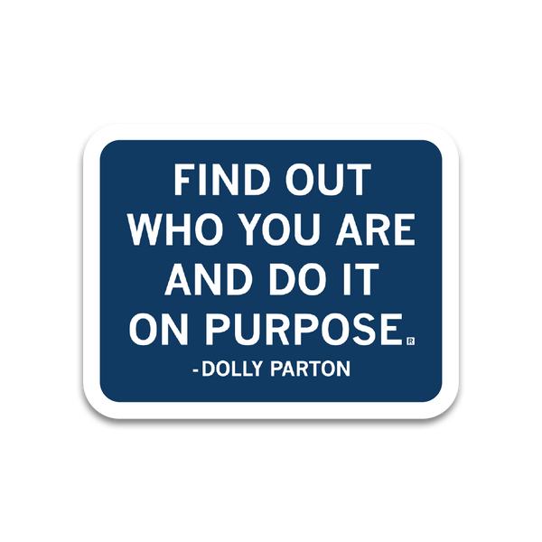 A rectangular blue sticker with rounded edges, a white border, and white text that says, 