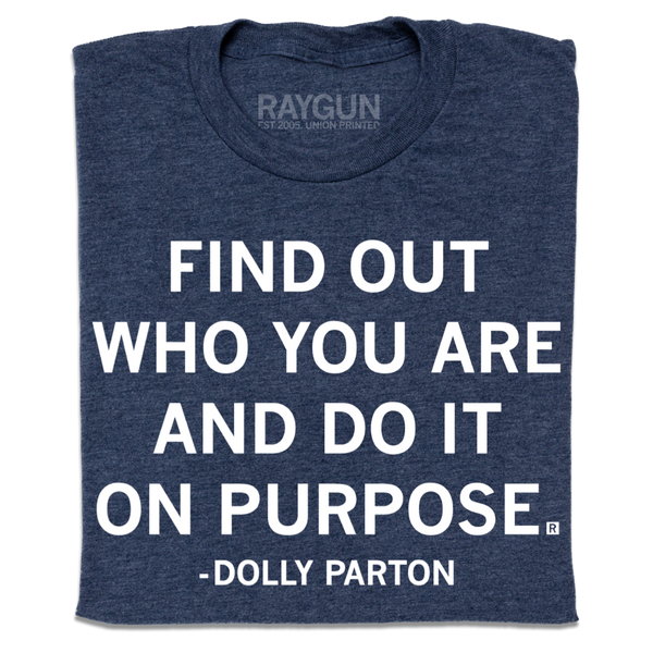 A folded heather navy t-shirt with centered white print text that says, 