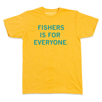 A heather mellow yellow short-sleeve shirt with bright blue print that says, "FISHERS IS FOR EVERYONE"