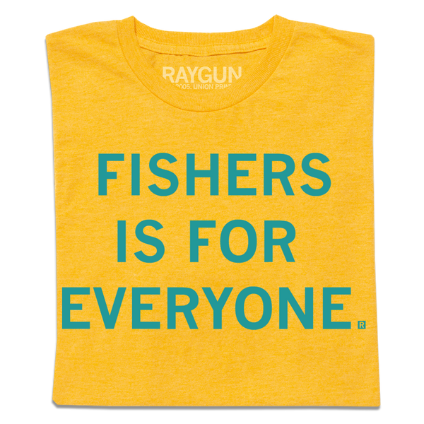 A folded heather gold t-shirt with centered aquamarine text that reads 