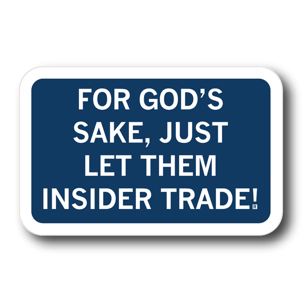 A navy blue rectangular sticker with centered white text that says, 