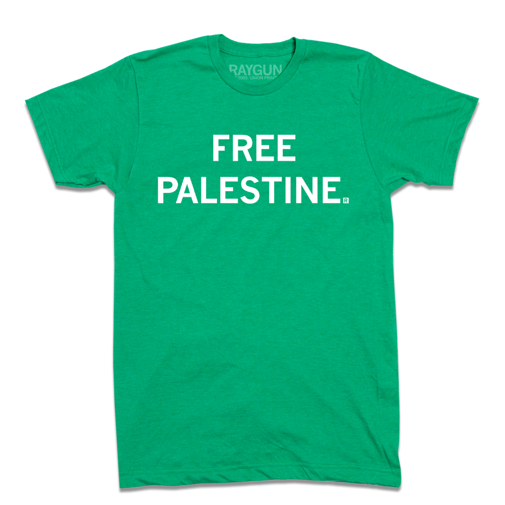 Short sleeve heather kelly green t-shirt with centered white text that says, "FREE PALESTINE."