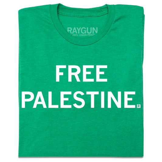 A folded heather kelly green t-shirt with centered white text that says, "FREE PALESTINE."
